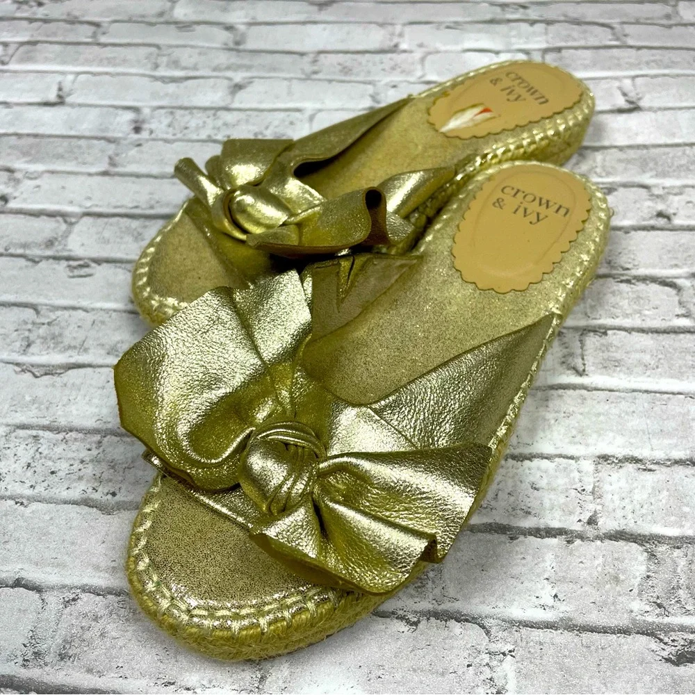 Crown & Ivy Womens Keisha Metallic Bow Espadrille Slide Sandals Sz 7 Preppy Gold - Picture 4 of 10
